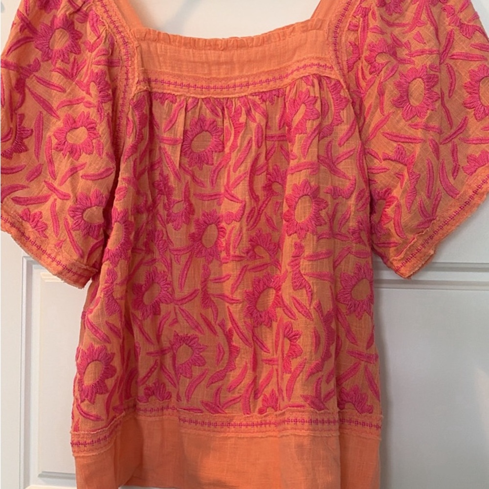 Sister Mary Embroidered Orange & Pink Square-Neck Women's Top